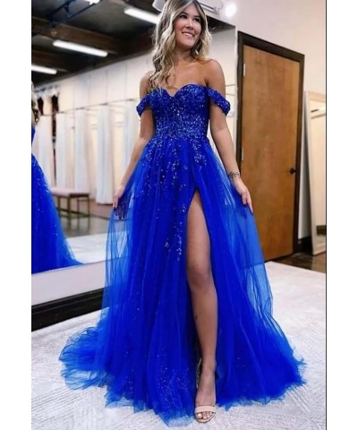 Off The Shoulder Tulle Prom Dress for Women Laces Appliques Sequin A Line Formal Dresses with Slit Grape $35.28 Dresses