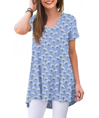 Women's Summer Casual Short Sleeve Tunic Tops to Wear with Leggings V-Neck T-Shirt Loose Blouse V-short Sleeve-blue Dandelion...