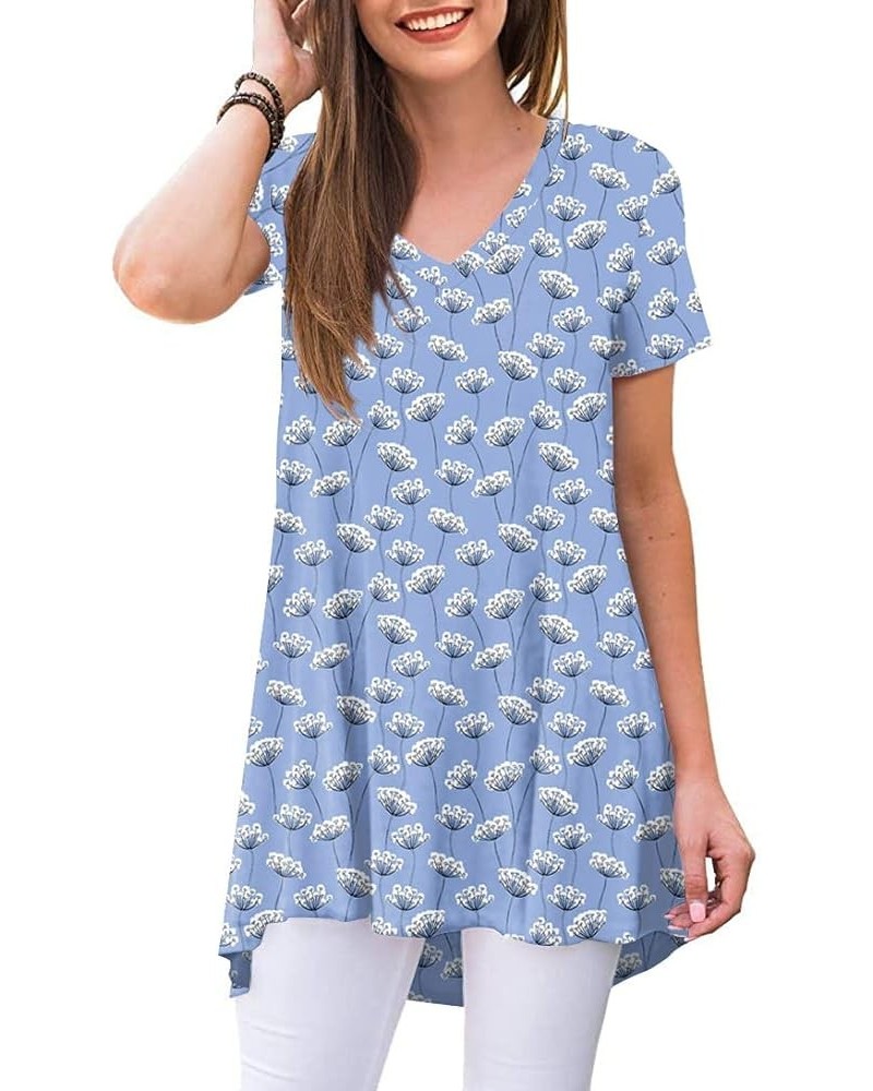 Women's Summer Casual Short Sleeve Tunic Tops to Wear with Leggings V-Neck T-Shirt Loose Blouse V-short Sleeve-blue Dandelion...