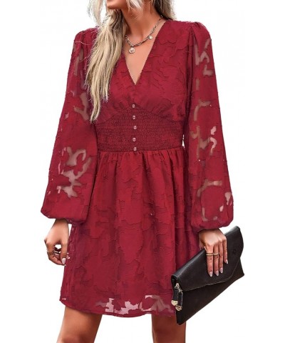 Women Dresses Cocktail with Lining Knee Length Long Sleeve Elegant Lace Smocked Short Dress 2023 Summer Dresses Wine Red $14....