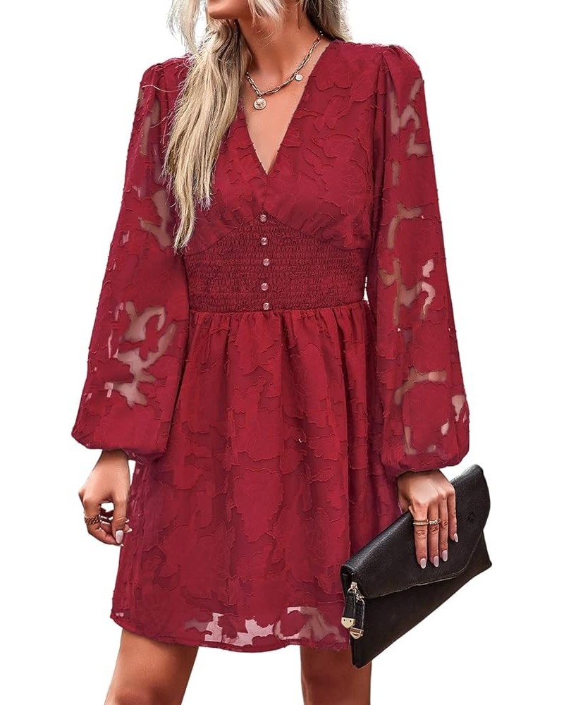 Women Dresses Cocktail with Lining Knee Length Long Sleeve Elegant Lace Smocked Short Dress 2023 Summer Dresses Wine Red $14....