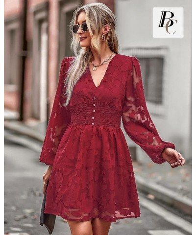 Women Dresses Cocktail with Lining Knee Length Long Sleeve Elegant Lace Smocked Short Dress 2023 Summer Dresses Wine Red $14....