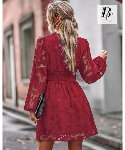 Women Dresses Cocktail with Lining Knee Length Long Sleeve Elegant Lace Smocked Short Dress 2023 Summer Dresses Wine Red $14....