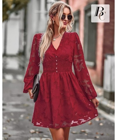 Women Dresses Cocktail with Lining Knee Length Long Sleeve Elegant Lace Smocked Short Dress 2023 Summer Dresses Wine Red $14....