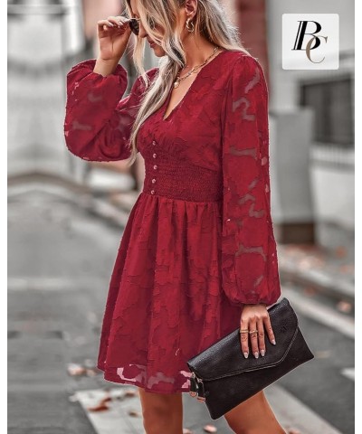 Women Dresses Cocktail with Lining Knee Length Long Sleeve Elegant Lace Smocked Short Dress 2023 Summer Dresses Wine Red $14....