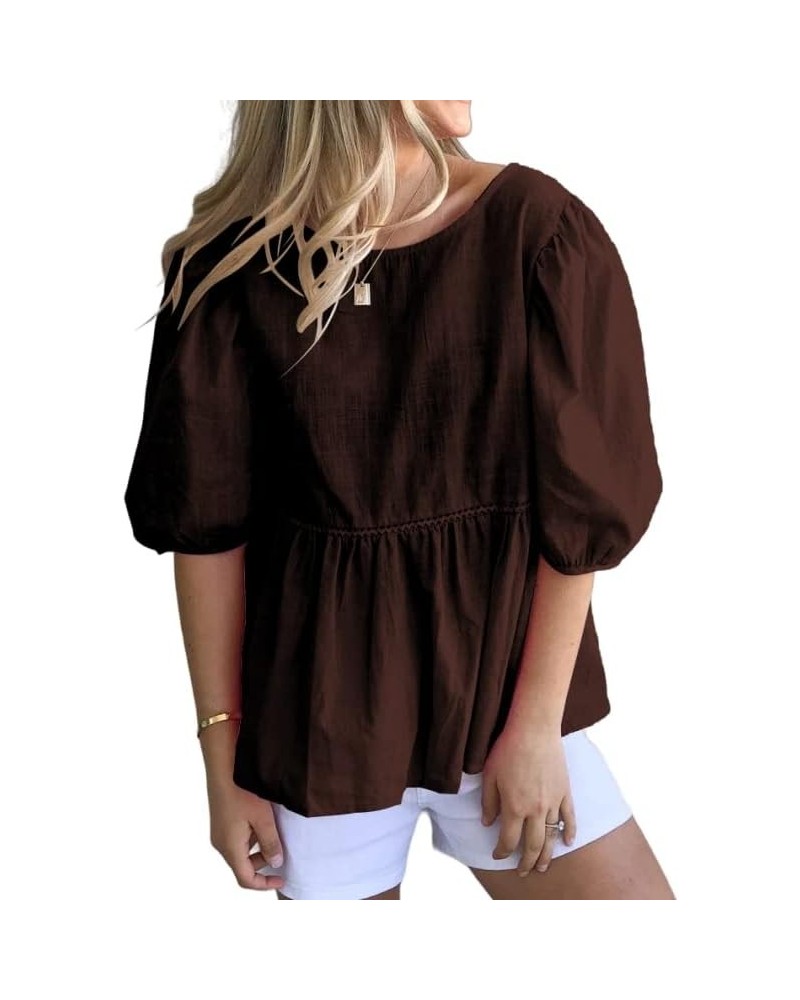 Womens Summer Peplum Tops Loose Casual Tunic 2023 Balloon Sleeve Blouses Crew Neck Cute Shirts Coffee $13.80 Tops