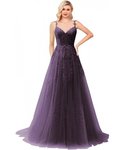 Lace Appliques Prom Dresses for Women Spaghetti Straps Tulle Ball Gown V Neck Wedding Formal Gowns Grape $47.70 Dresses