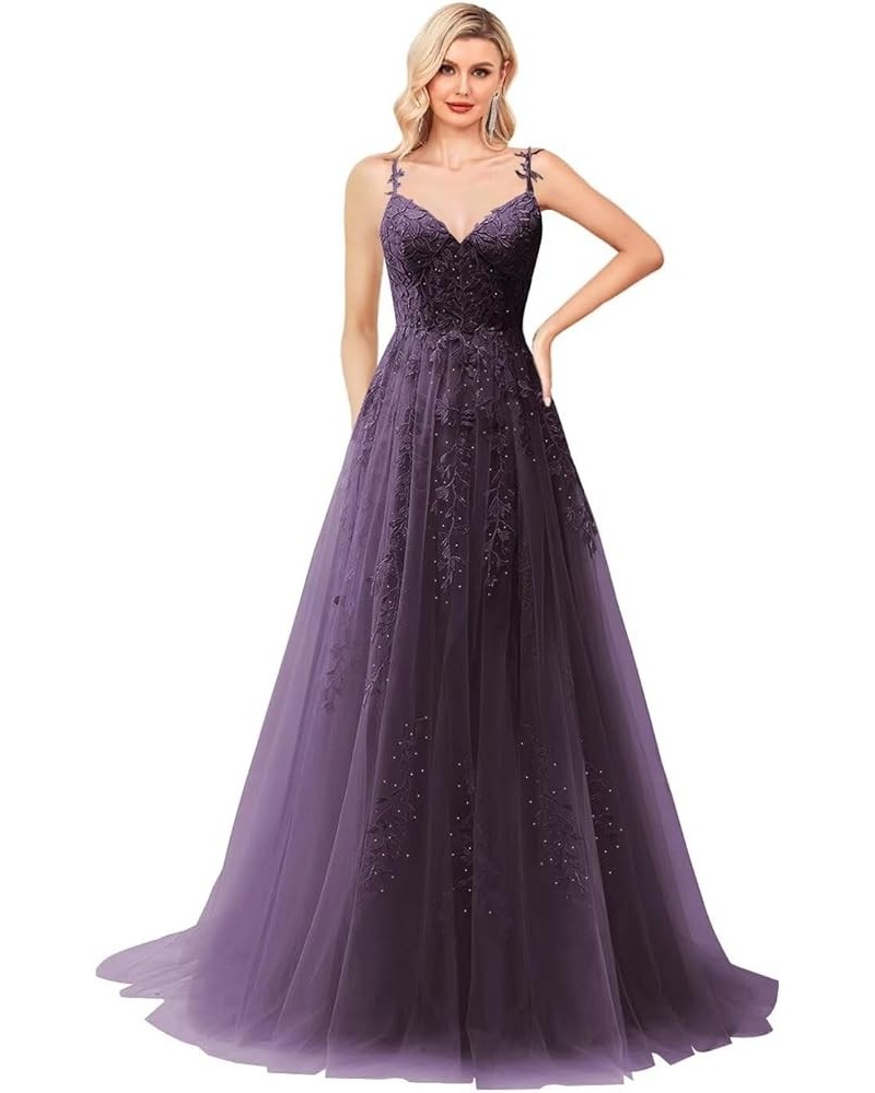 Lace Appliques Prom Dresses for Women Spaghetti Straps Tulle Ball Gown V Neck Wedding Formal Gowns Grape $47.70 Dresses