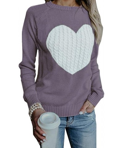 Women's Sweater Heart Knitted Pullover Sweaters Long Sleeve Crewneck Cute Sweaters Pink $20.51 Sweaters