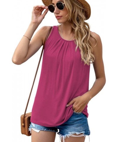 Women's Summer Sleeveless Pleated Back Closure Casual Tank Tops A-06- Rose Red $11.00 Tops