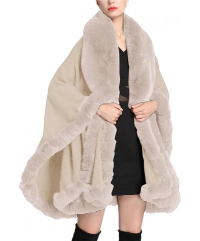 Womens Winter Poncho Cape with Faux Fur Trim & Fleece Lined Warm Plush Sherpa Fleece Cape Shawl Wearable Blanket Coat 1b-beig...