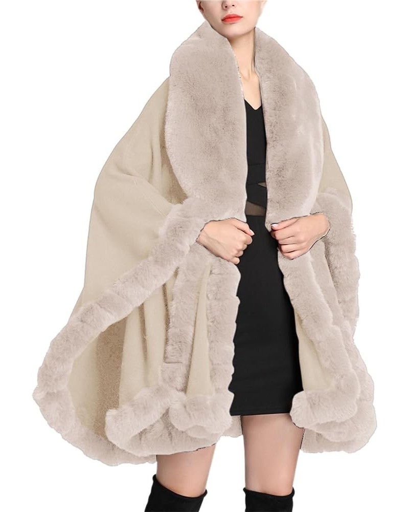 Womens Winter Poncho Cape with Faux Fur Trim & Fleece Lined Warm Plush Sherpa Fleece Cape Shawl Wearable Blanket Coat 1b-beig...