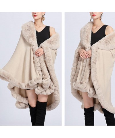 Womens Winter Poncho Cape with Faux Fur Trim & Fleece Lined Warm Plush Sherpa Fleece Cape Shawl Wearable Blanket Coat 1b-beig...