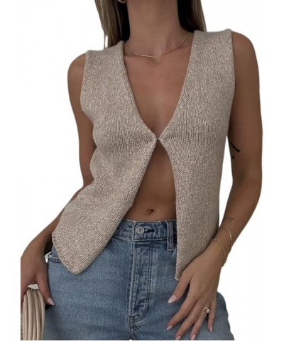 Women's Crochet Knit Vest Top Y2k Sleeveless Sweater Tank Fashion Vests Button Down V Neck Crop Tops Vintage Streetwear A Kha...