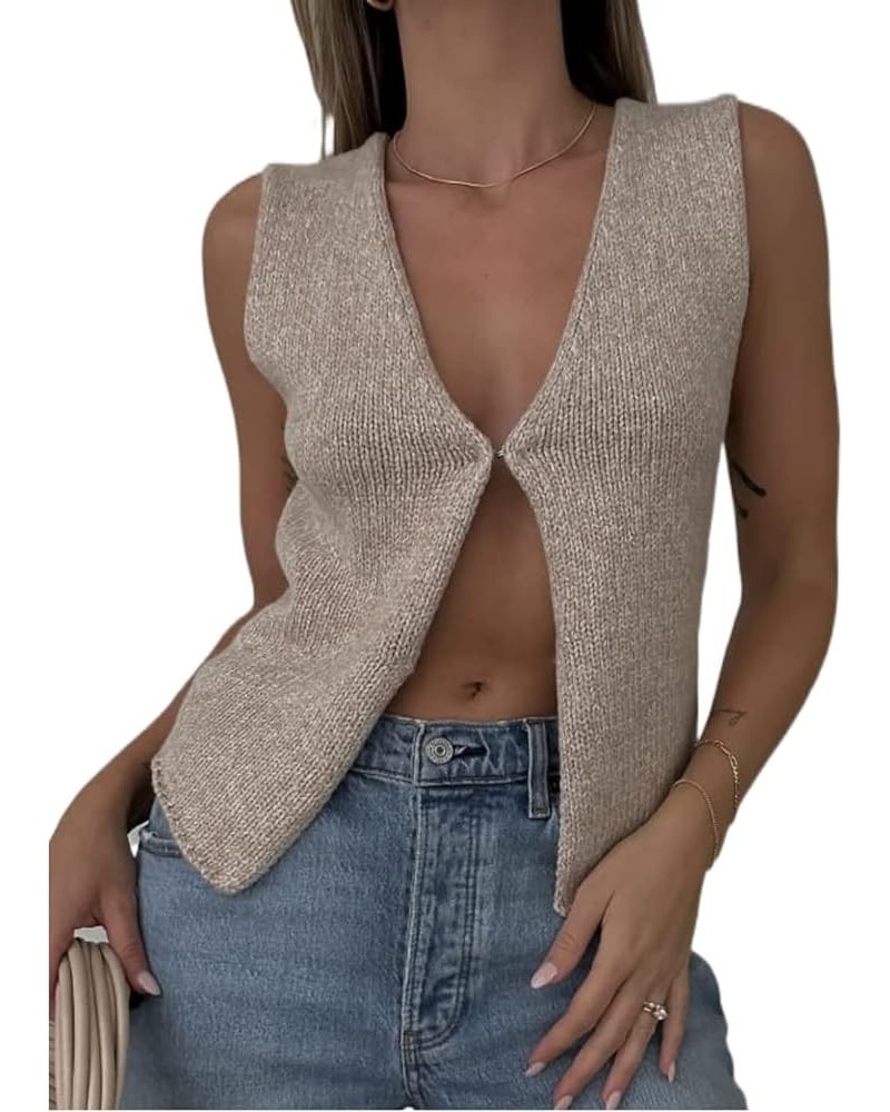 Women's Crochet Knit Vest Top Y2k Sleeveless Sweater Tank Fashion Vests Button Down V Neck Crop Tops Vintage Streetwear A Kha...