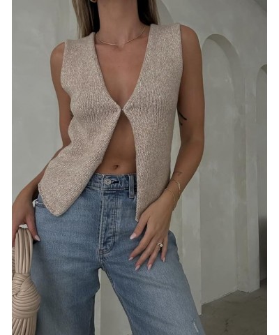 Women's Crochet Knit Vest Top Y2k Sleeveless Sweater Tank Fashion Vests Button Down V Neck Crop Tops Vintage Streetwear A Kha...