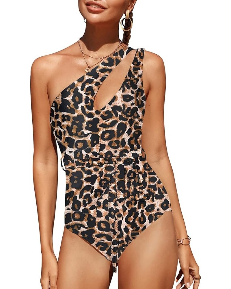 Women's One Shoulder One Piece Swimsuit Asymmetry Cheeky Monokini Cut Out Swimwear Slimming Bathing Suit Leopard $10.43 Swims...