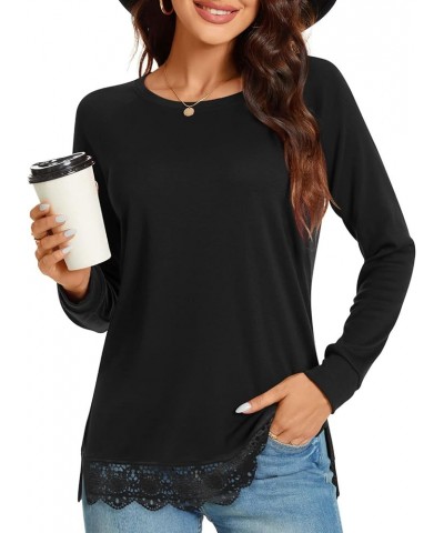 Women's Casual Long Sleeve Tops Lace Hem T-Shirt Side Split Tunic 01 Hb-black $13.24 Tops