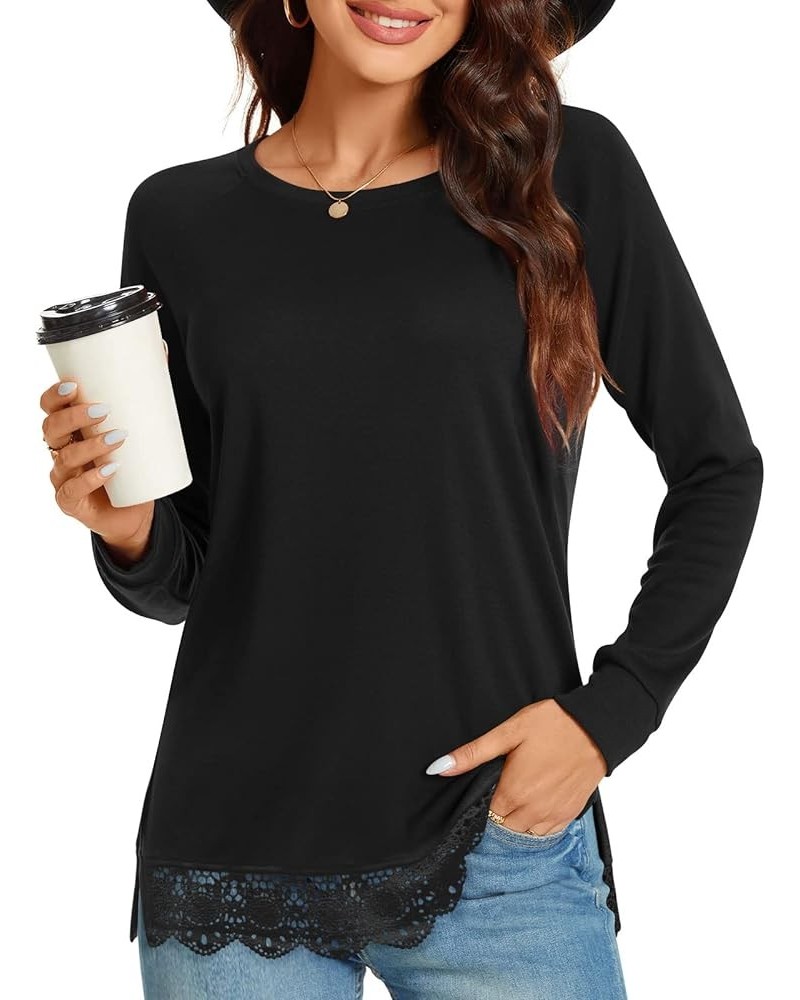 Women's Casual Long Sleeve Tops Lace Hem T-Shirt Side Split Tunic 01 Hb-black $13.24 Tops