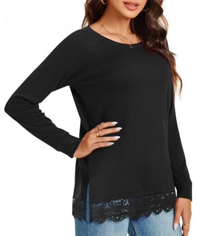 Women's Casual Long Sleeve Tops Lace Hem T-Shirt Side Split Tunic 01 Hb-black $13.24 Tops