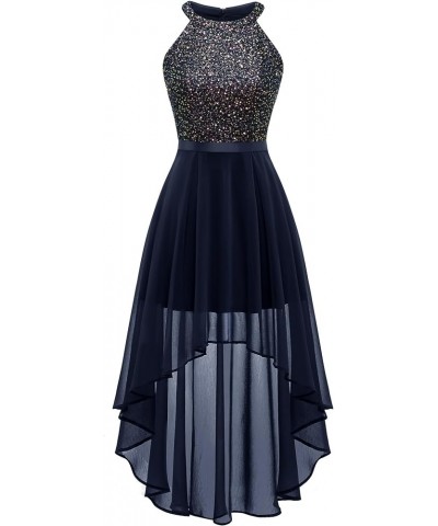 Women's Sequin Dress Halter Cocktail Party Prom Dress Hi-Lo Long Evening Party Dresses Navy $27.53 Dresses