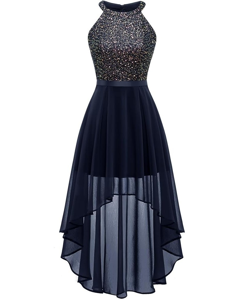 Women's Sequin Dress Halter Cocktail Party Prom Dress Hi-Lo Long Evening Party Dresses Navy $27.53 Dresses