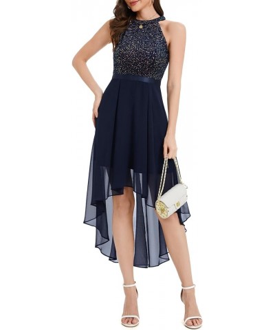 Women's Sequin Dress Halter Cocktail Party Prom Dress Hi-Lo Long Evening Party Dresses Navy $27.53 Dresses