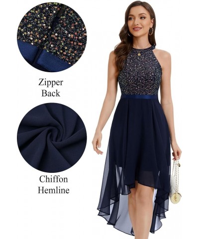 Women's Sequin Dress Halter Cocktail Party Prom Dress Hi-Lo Long Evening Party Dresses Navy $27.53 Dresses