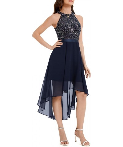 Women's Sequin Dress Halter Cocktail Party Prom Dress Hi-Lo Long Evening Party Dresses Navy $27.53 Dresses