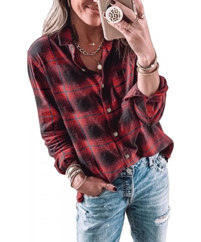 Womens Long Sleeve Button Down Shirt Casual Plaid Flannel Shirt Collared Blouse Tops Red $19.37 Blouses