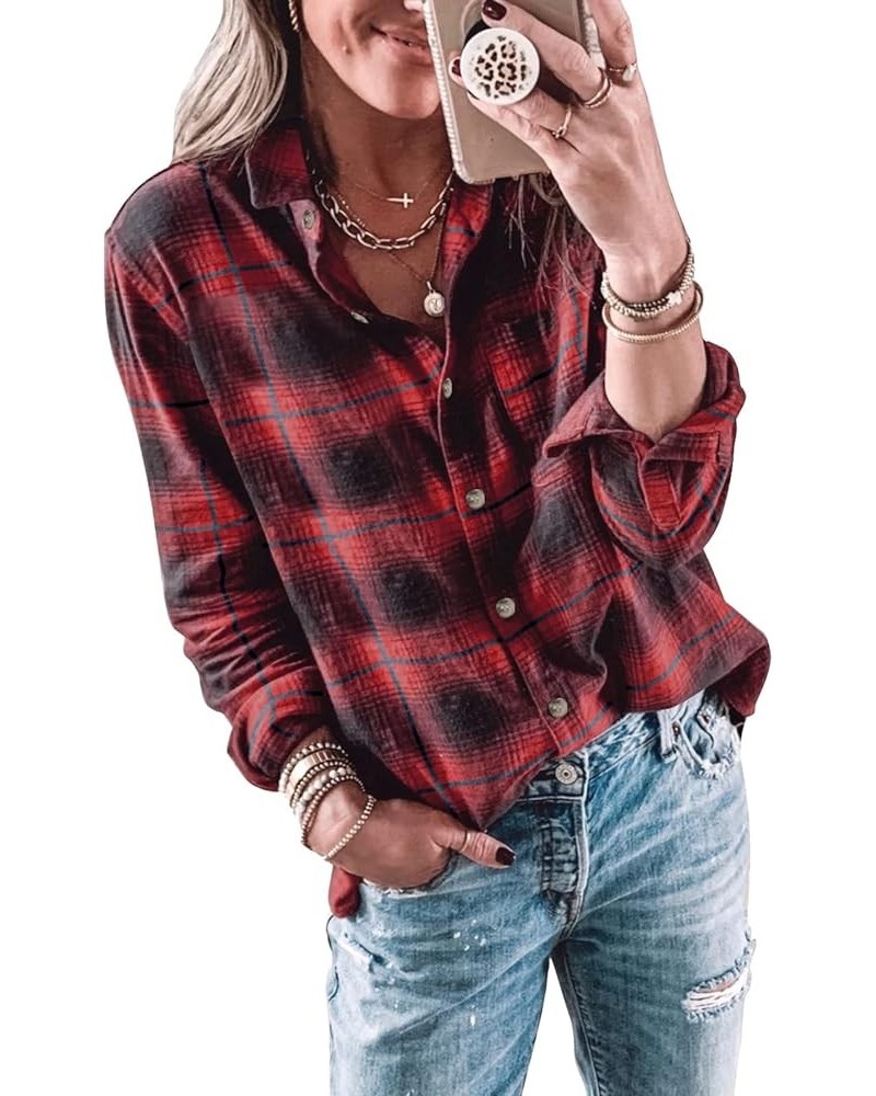 Womens Long Sleeve Button Down Shirt Casual Plaid Flannel Shirt Collared Blouse Tops Red $19.37 Blouses