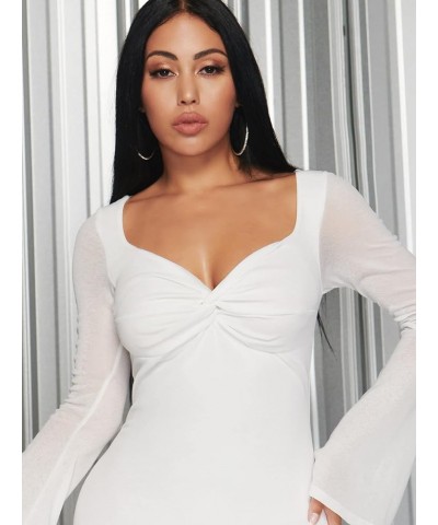 Women's Printed Drawstring Side Round Neck Marble Long Sleeve Bodycon Mini Dress Sweetheart Neckline White $16.81 Dresses