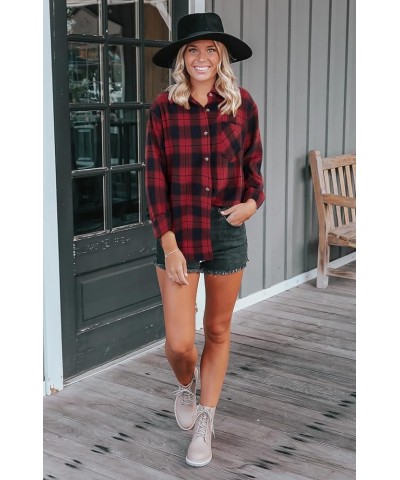 Womens Long Sleeve Button Down Shirt Casual Plaid Flannel Shirt Collared Blouse Tops Red $19.37 Blouses