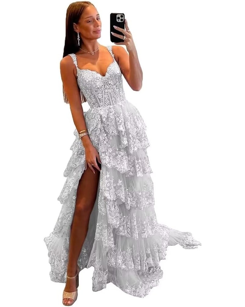 Tiered Lace Tulle Prom Dresses Slit Long Spaghetti Straps Sparkly Corset Formal Evening Party Gown for Women Silver $42.80 Dr...