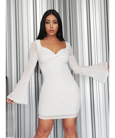 Women's Printed Drawstring Side Round Neck Marble Long Sleeve Bodycon Mini Dress Sweetheart Neckline White $16.81 Dresses