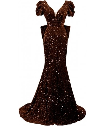 Sequins Prom Dresses Puffy Sleeves Mermaid Long Evening Gowns for Women 2023 Brown $45.60 Dresses