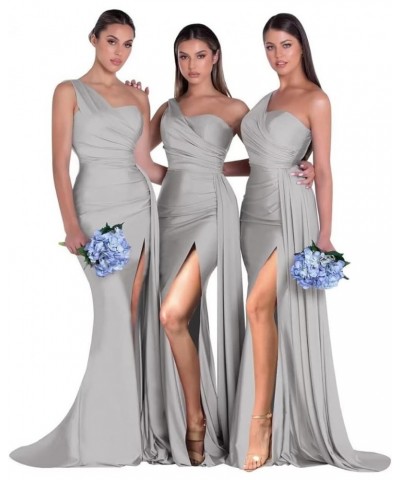 Women's One Shoulder Bridesmaid Dresses Long with Slit Pleats Satin Mermaid Formal Wedding Party Gowns Silver $33.79 Dresses