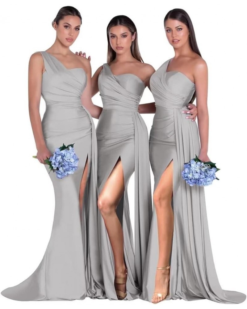 Women's One Shoulder Bridesmaid Dresses Long with Slit Pleats Satin Mermaid Formal Wedding Party Gowns Silver $33.79 Dresses