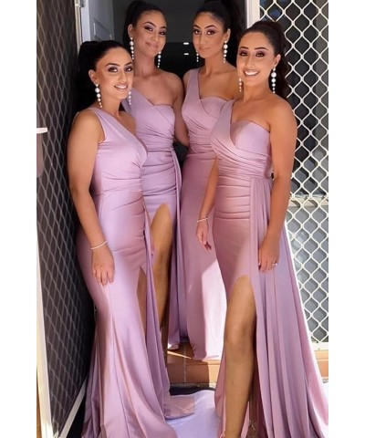 Women's One Shoulder Bridesmaid Dresses Long with Slit Pleats Satin Mermaid Formal Wedding Party Gowns Silver $33.79 Dresses