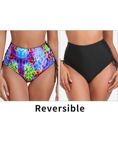 Women's High Waisted Reversible Bikini Bottom Black+purple Leopard $11.43 Swimsuits