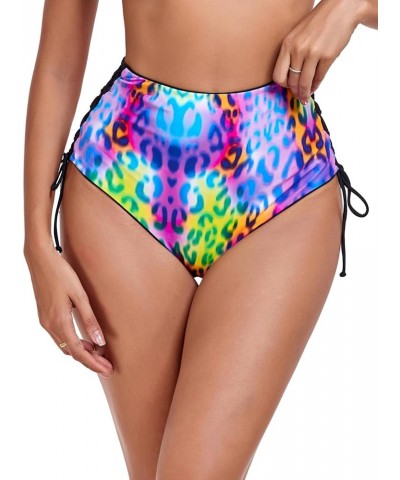 Women's High Waisted Reversible Bikini Bottom Black+purple Leopard $11.43 Swimsuits