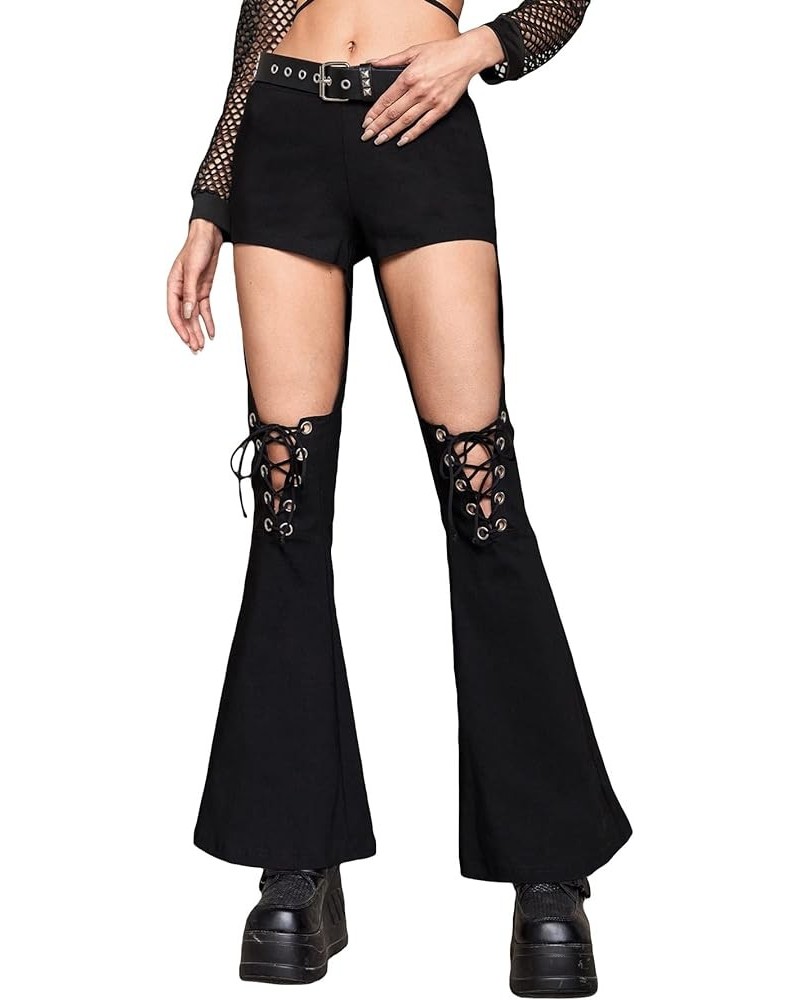 Women's Cut Out High Waisted Flare Elastic Waist Party Leggings Night Out Pants Lace Up Black $18.62 Leggings