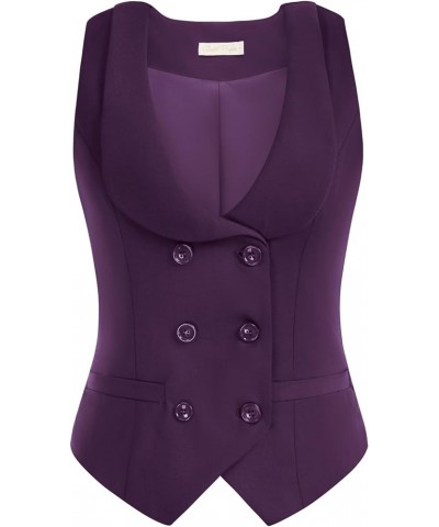 Women Double Breasted Waistcoat Vintage Lapel Collar Vest Coat with 2 Pockets Purple $26.39 Vests