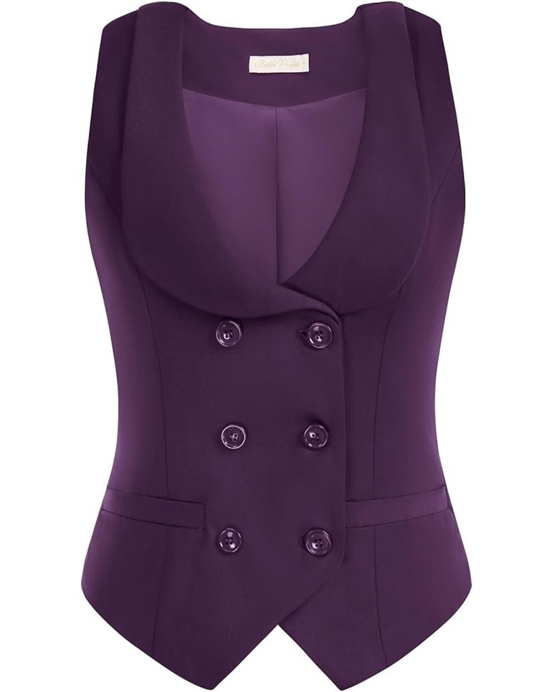 Women Double Breasted Waistcoat Vintage Lapel Collar Vest Coat with 2 Pockets Purple $26.39 Vests