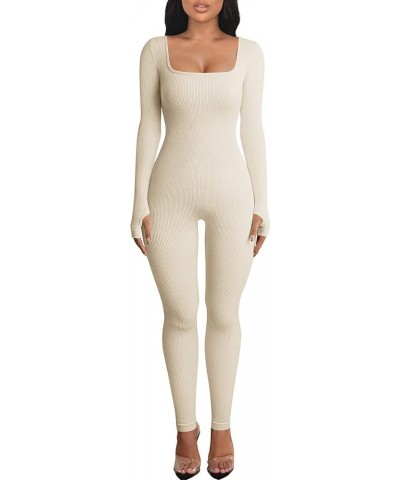 Womens Ribbed Jumpsuit with Tummy Control Long Sleeve Unitard Casual Yoga Rompers High Waisted One Piece Workout Bodycon Beig...