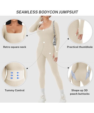 Womens Ribbed Jumpsuit with Tummy Control Long Sleeve Unitard Casual Yoga Rompers High Waisted One Piece Workout Bodycon Beig...