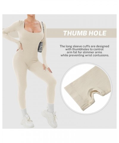 Womens Ribbed Jumpsuit with Tummy Control Long Sleeve Unitard Casual Yoga Rompers High Waisted One Piece Workout Bodycon Beig...