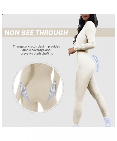 Womens Ribbed Jumpsuit with Tummy Control Long Sleeve Unitard Casual Yoga Rompers High Waisted One Piece Workout Bodycon Beig...