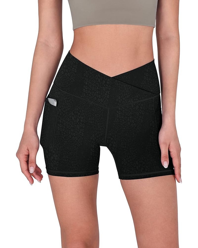 Crossover Yoga Shorts for Women 5" Inseam High Waist Athletic Workout Running Biker Shorts Pocket Leopard Spots Black $12.71 ...