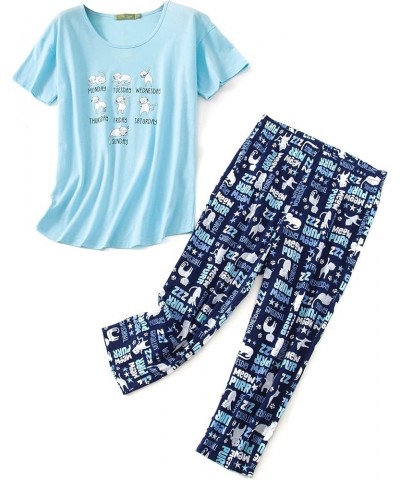 Women Short Sleeve Pajama Set Tops with Capri Pants Cartoon Print Sleep Shirt Two Piece Sleepwear Pj Set B Dark Blue and Whit...